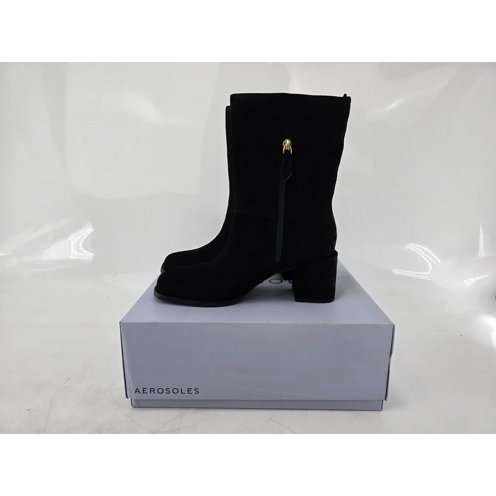 Aerosoles Oro Mid-Calf Boots Womens 8M Black Suede Block Heel -New